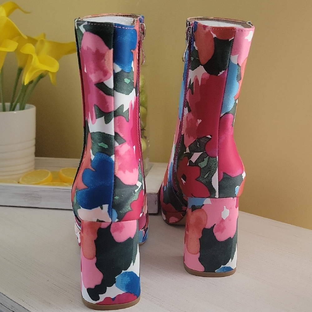 Colorful Floral Ankle Booties Chunky Heel - Picture 3 of 10